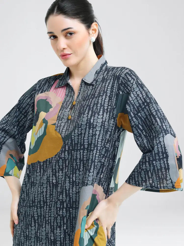 Black Abstract Floral Printed Cotton Cambric Co-ords Kurti Set - Kurta Set