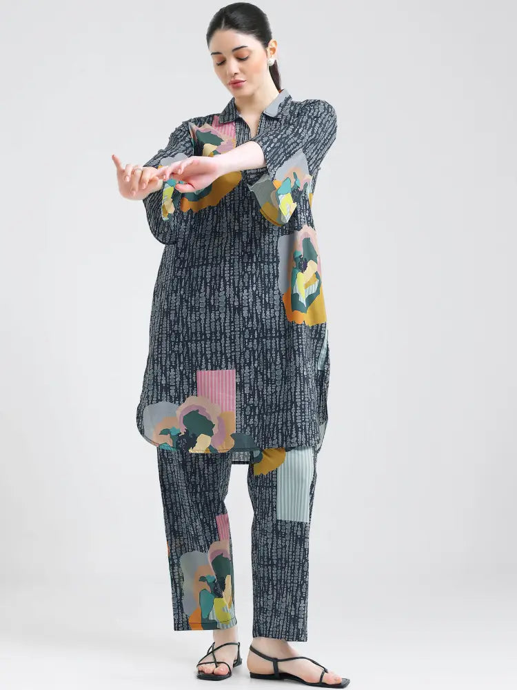 Black Abstract Floral Printed Cotton Cambric Co-ords Kurti Set - Kurta Set