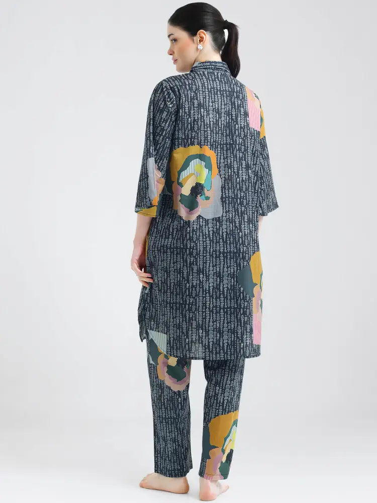 Black Abstract Floral Printed Cotton Cambric Co-ords Kurti Set - Kurta Set
