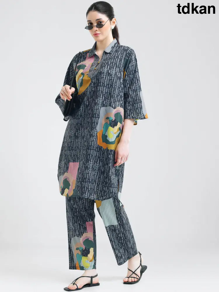 Black Abstract Floral Printed Cotton Cambric Co-ords Kurti Set - Kurta Set