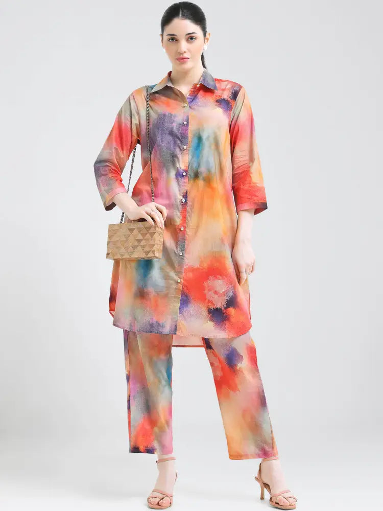 Burnt Orange Tie-Dye Cotton Cambric Co-ords Kurti Set - Kurta Set