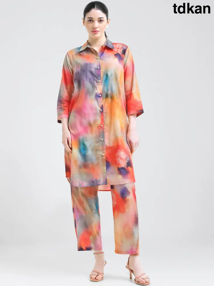 Burnt Orange Tie-Dye Cotton Cambric Co-ords Kurti Set - Kurta Set