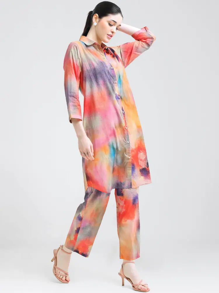 Burnt Orange Tie-Dye Cotton Cambric Co-ords Kurti Set - Kurta Set