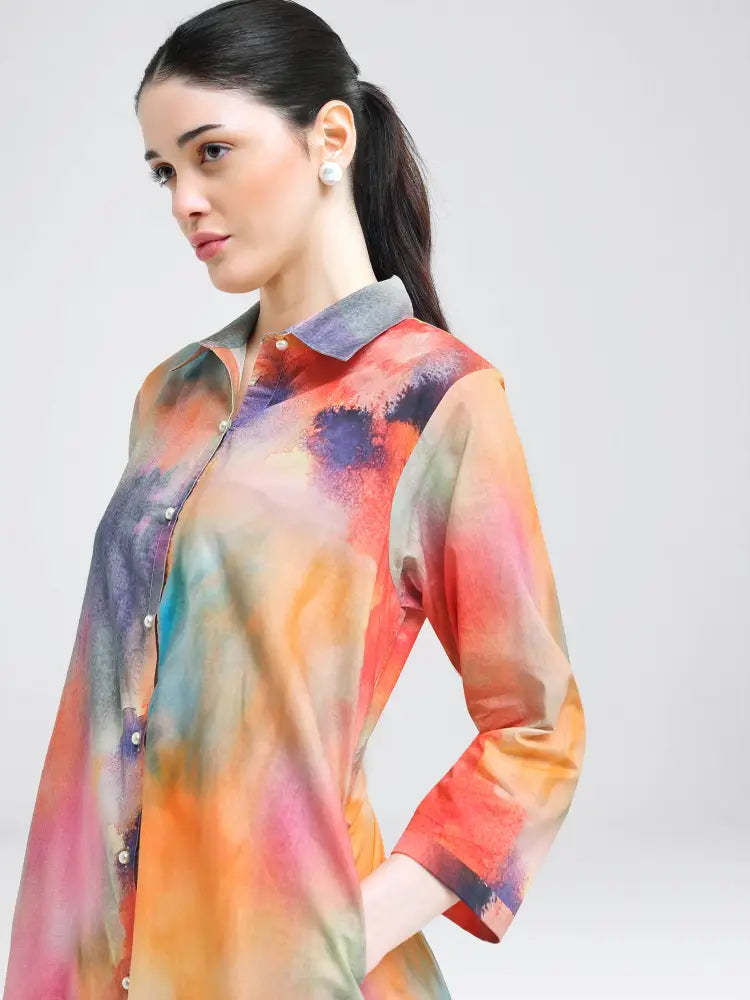 Burnt Orange Tie-Dye Cotton Cambric Co-ords Kurti Set - Kurta Set