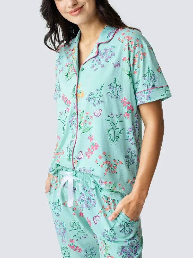Butterfly High Cotton Knits Collared PJ Set - Collar Pajama