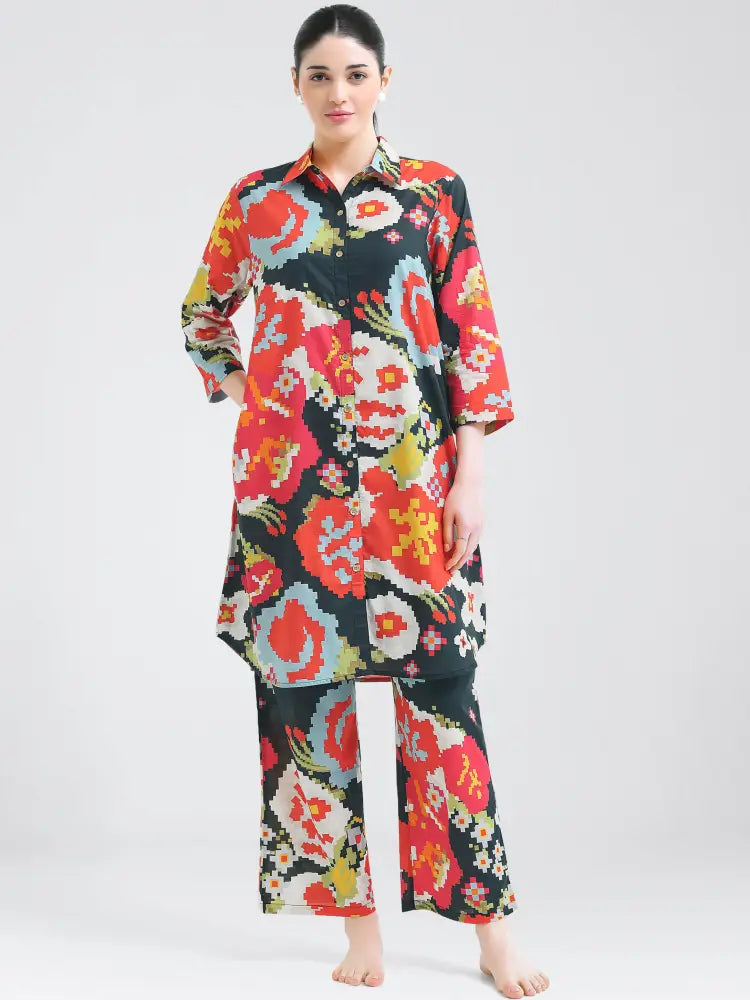 Chic Black Geometric Print Co-ords Kurti Set - Kurta Set