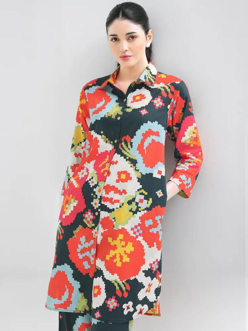 Chic Black Geometric Print Co-ords Kurti Set - Kurta Set