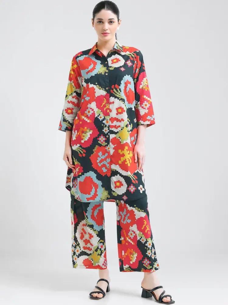 Chic Black Geometric Print Co-ords Kurti Set - Kurta Set
