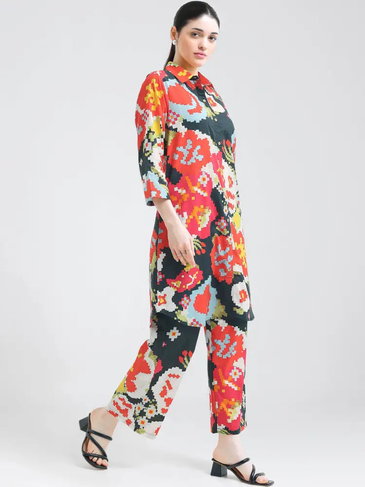 Chic Black Geometric Print Co-ords Kurti Set - Kurta Set