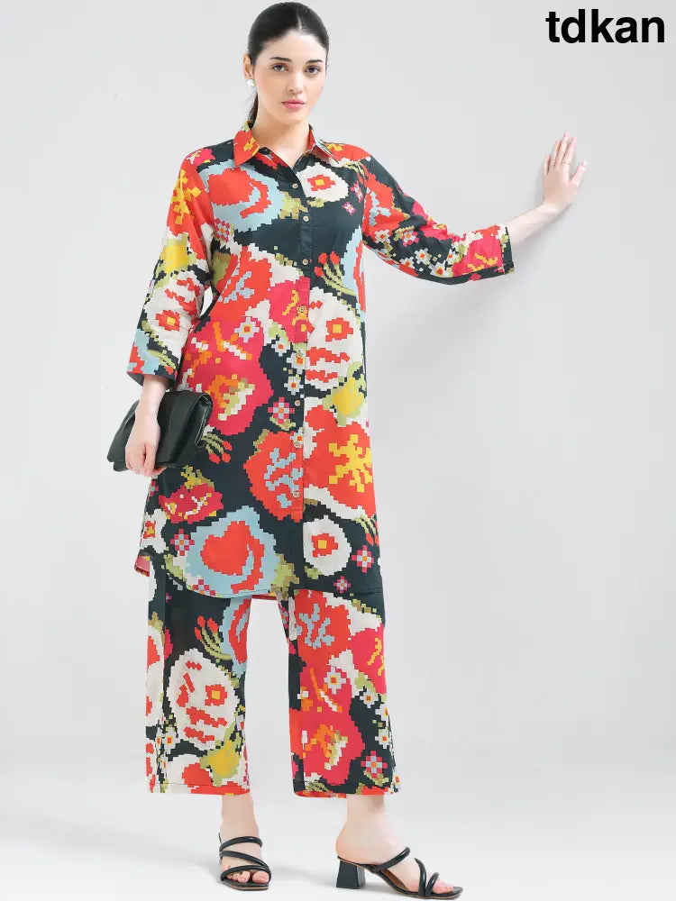 Chic Black Geometric Print Co-ords Kurti Set - Kurta Set