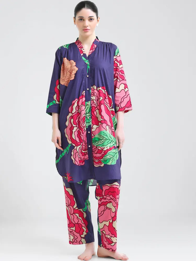 Cotton Cambric Floral Print Kurti Set - Comfortable Loungewear Co-ords - Kurta Set