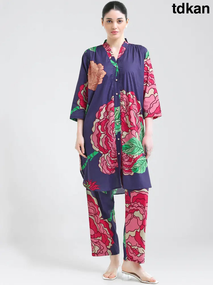 Cotton Cambric Floral Print Kurti Set - Comfortable Loungewear Co-ords - Kurta Set