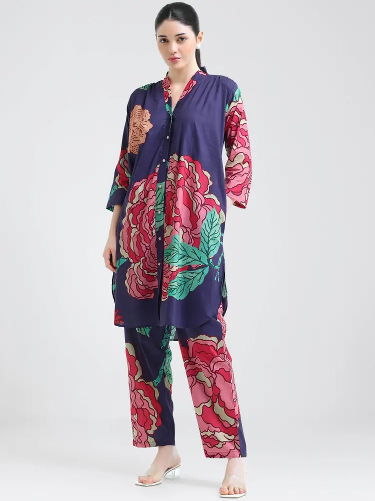 Cotton Cambric Floral Print Kurti Set - Comfortable Loungewear Co-ords - Kurta Set