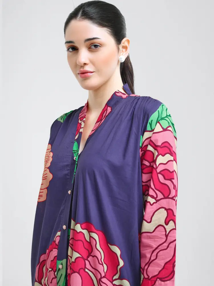 Cotton Cambric Floral Print Kurti Set - Comfortable Loungewear Co-ords - Kurta Set