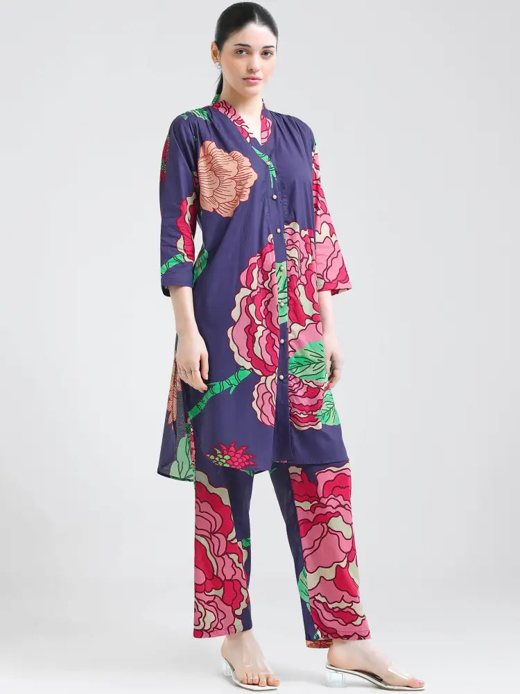 Cotton Cambric Floral Print Kurti Set - Comfortable Loungewear Co-ords - Kurta Set