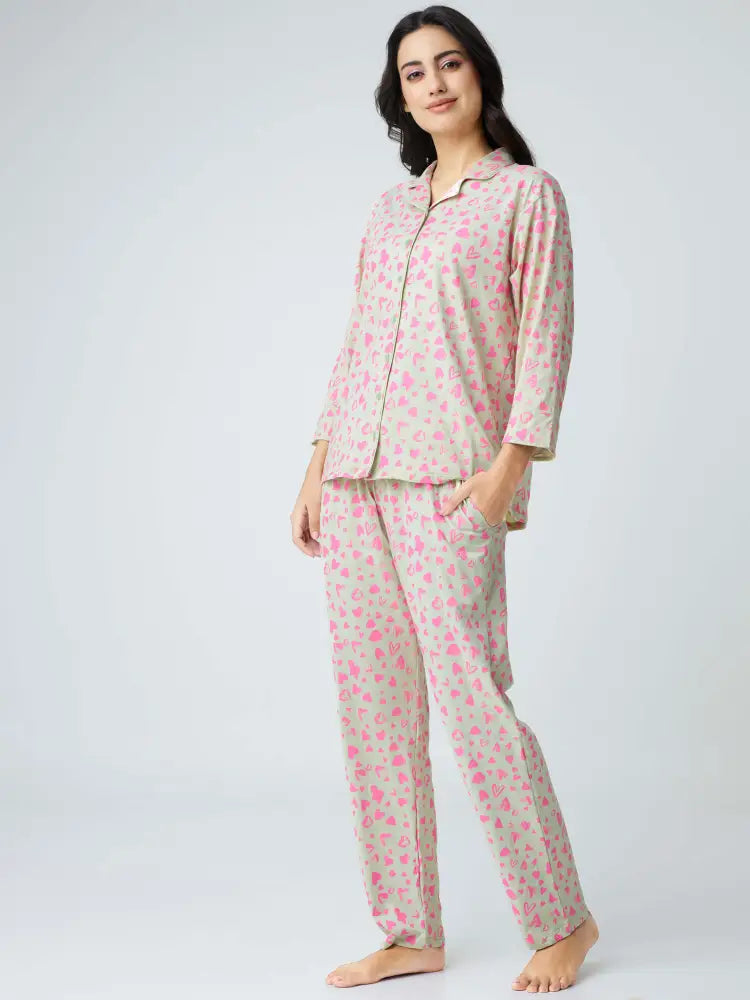 Dream away Cotton Knits Collared PJ Set - Collar Pajama