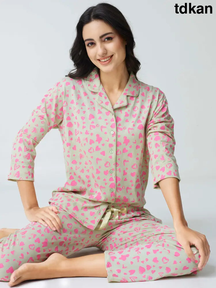 Dream away Cotton Knits Collared PJ Set - Collar Pajama