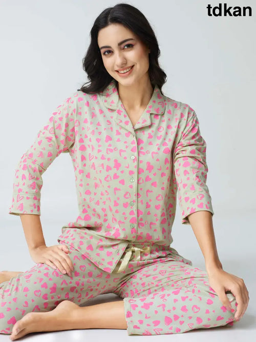 Dream away Cotton Knits Collared PJ Set - Collar Pajama