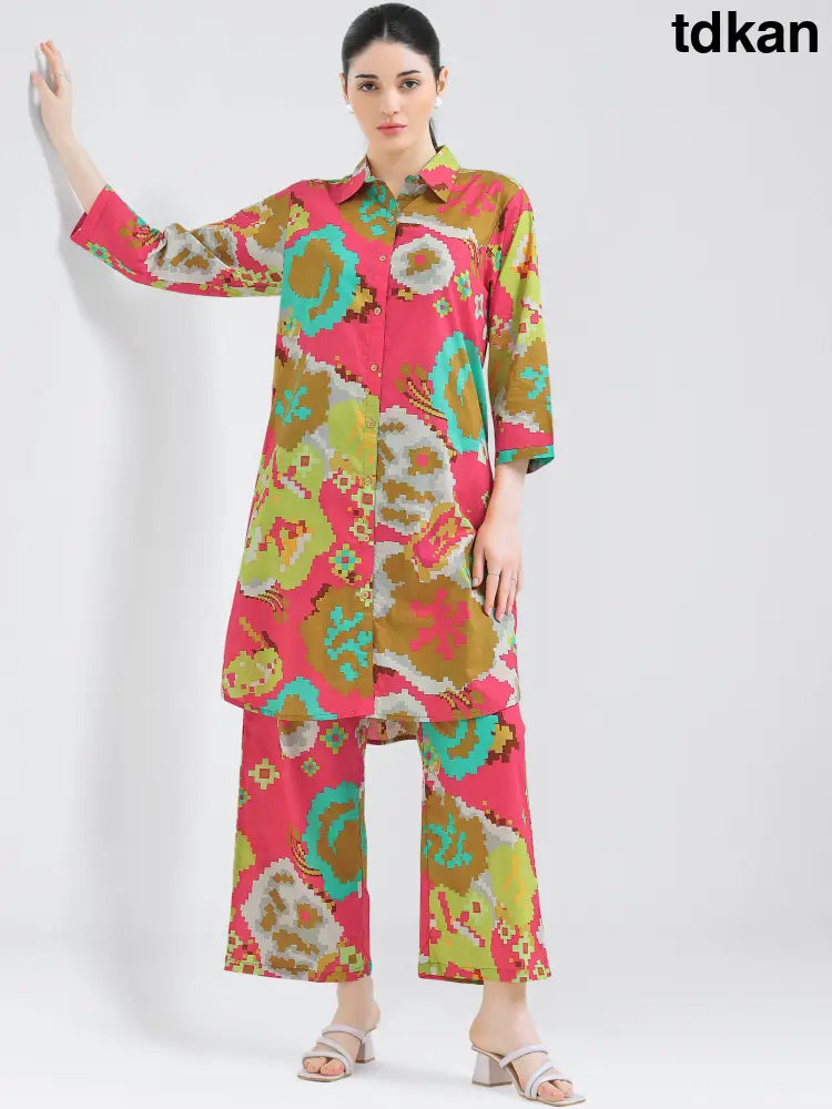 Elegant Pink Brown Abstract Geometric Co-ords Kurti Set - Kurta Set