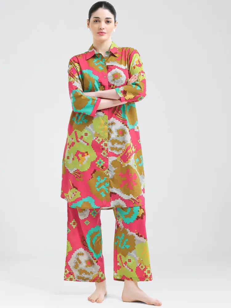 Elegant Pink Brown Abstract Geometric Co-ords Kurti Set - Kurta Set