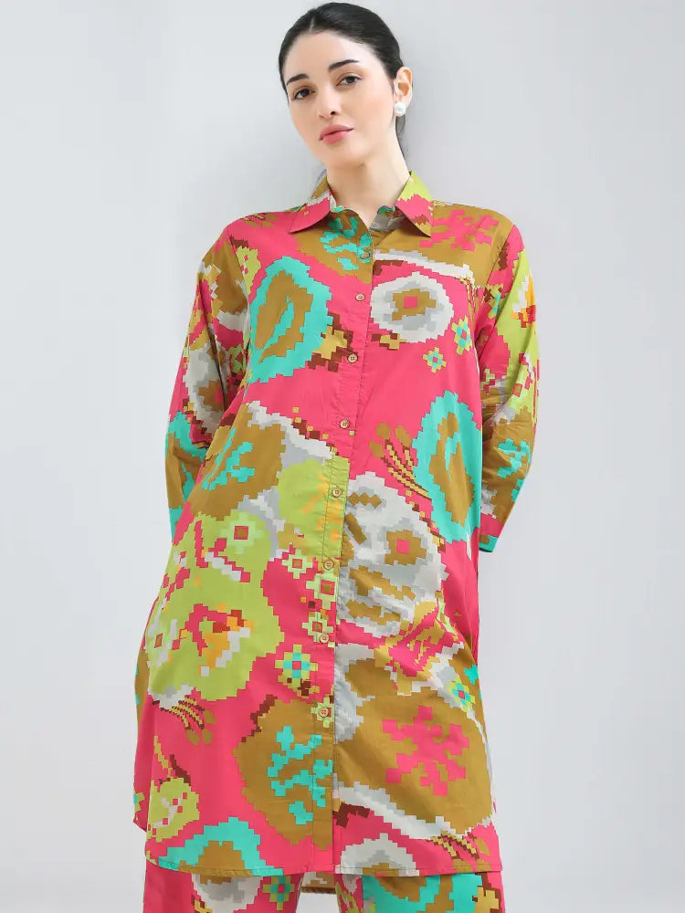 Elegant Pink Brown Abstract Geometric Co-ords Kurti Set - Kurta Set