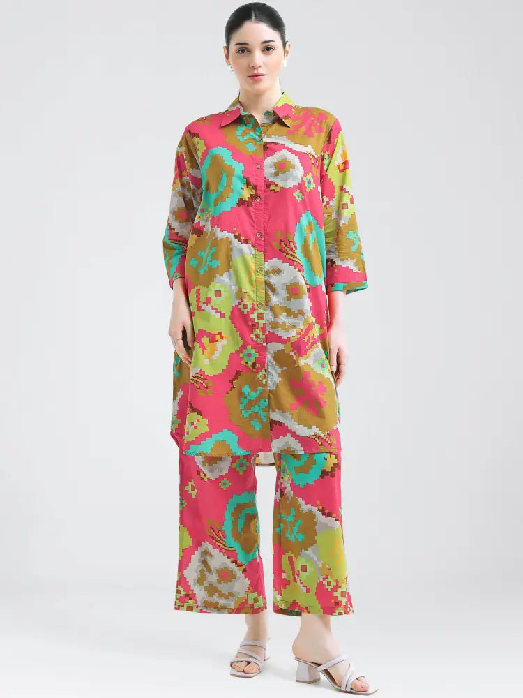 Elegant Pink Brown Abstract Geometric Co-ords Kurti Set - Kurta Set