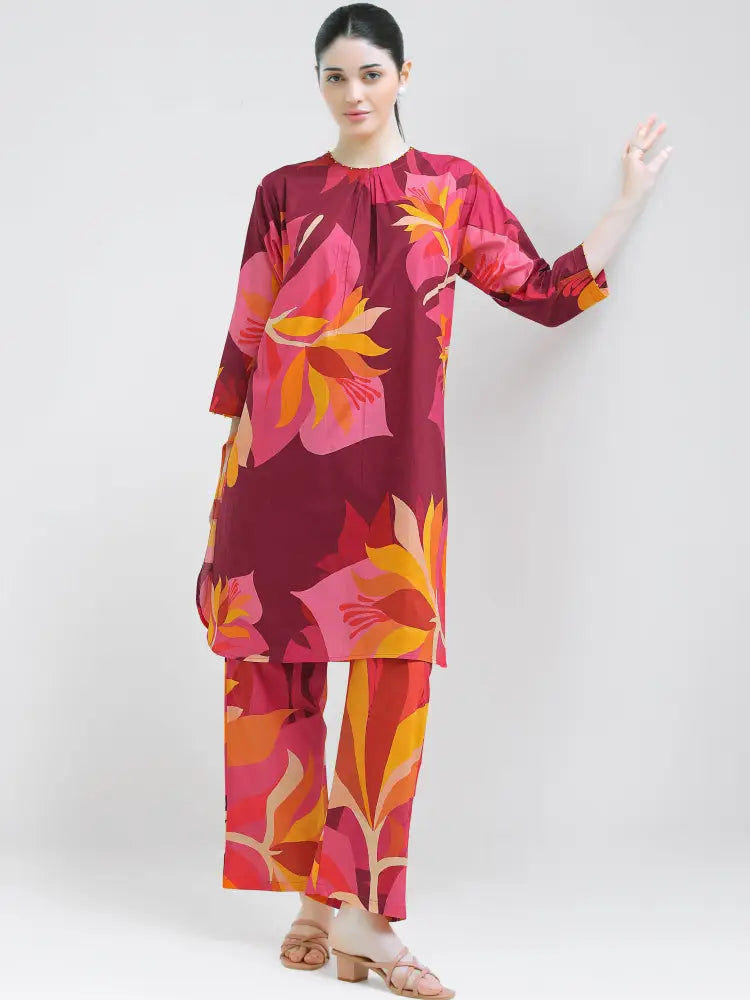 Floral Cotton Cambric Kurti Set - Kurta Set
