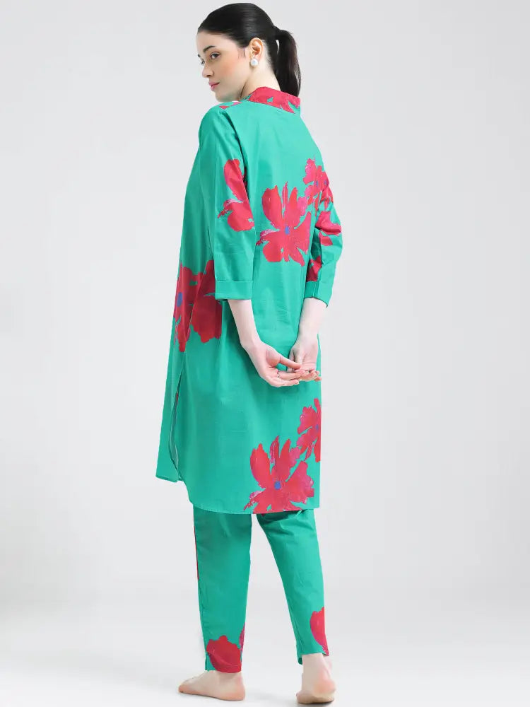 Green Floral Cotton Cambric Co-ords Kurti Set - Kurta Set