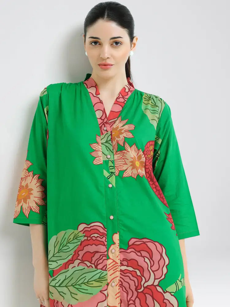 Green Floral Cotton Cambric Co-ords Kurti Set - Kurta Set