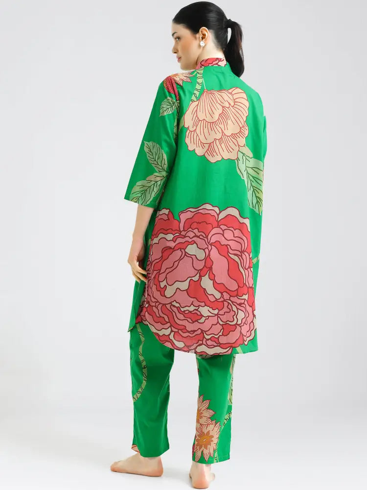 Green Floral Cotton Cambric Co-ords Kurti Set - Kurta Set