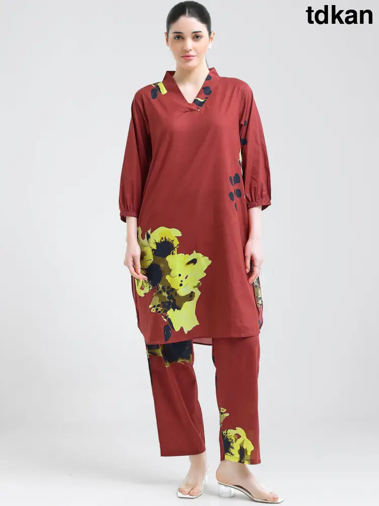 Maroon Cotton Cambric Floral Co-ords Kurti Set - Kurta Set