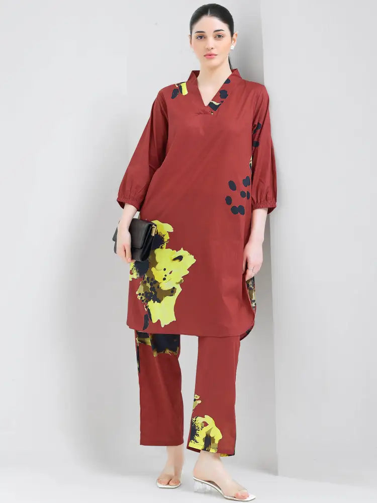 Maroon Cotton Cambric Floral Co-ords Kurti Set - Kurta Set