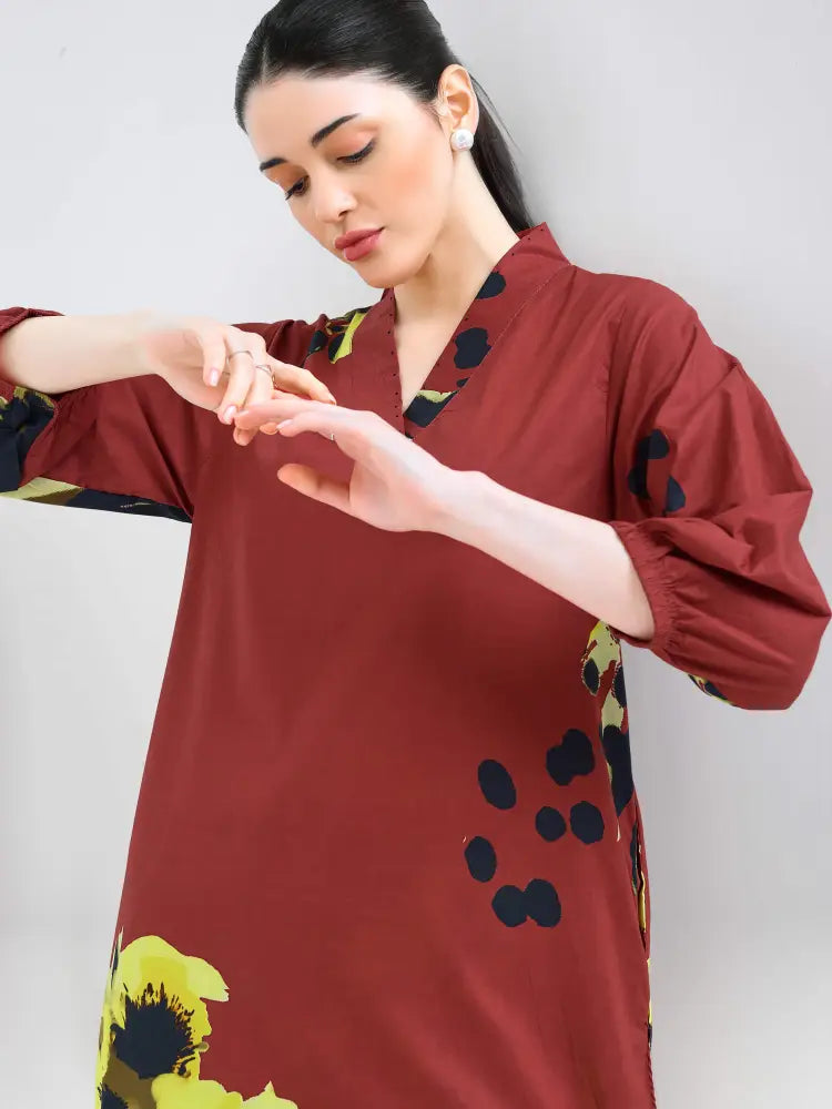 Maroon Cotton Cambric Floral Co-ords Kurti Set - Kurta Set