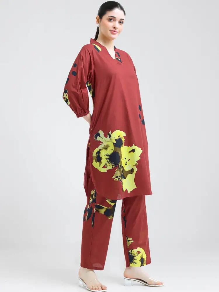 Maroon Cotton Cambric Floral Co-ords Kurti Set - Kurta Set