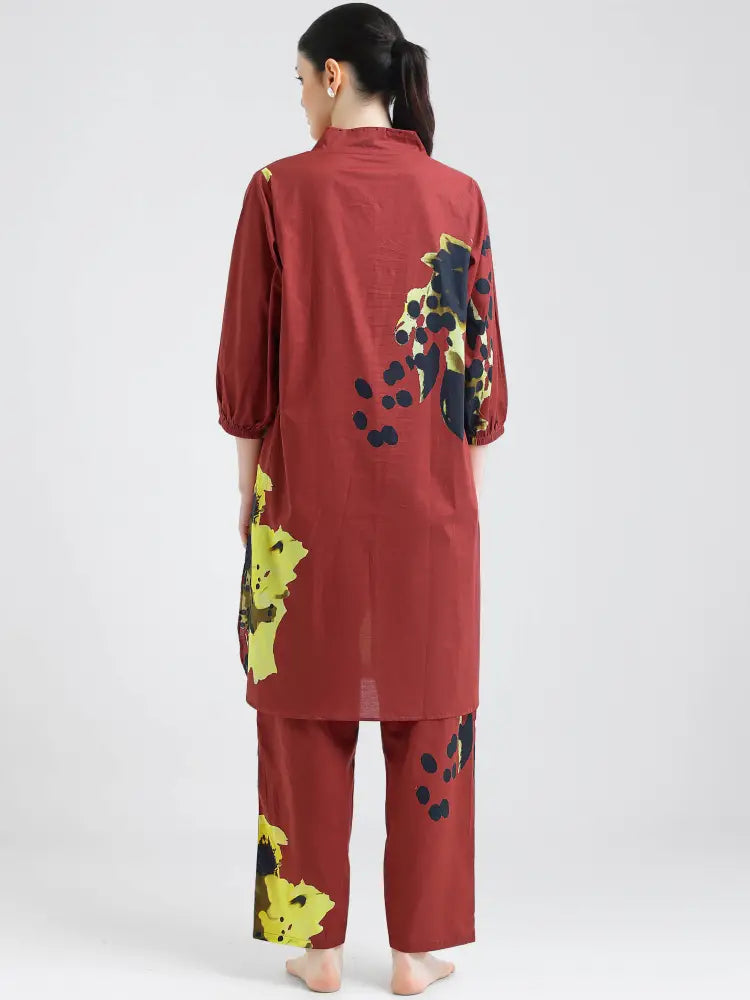 Maroon Cotton Cambric Floral Co-ords Kurti Set - Kurta Set