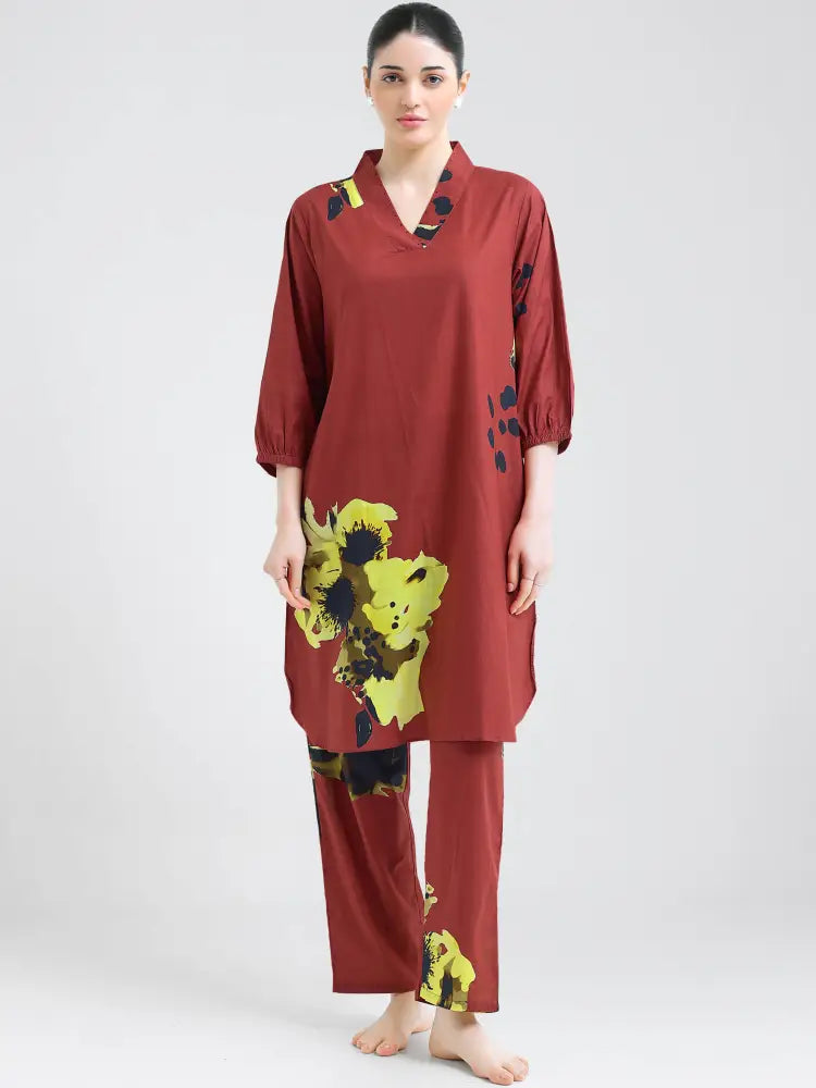 Maroon Cotton Cambric Floral Co-ords Kurti Set - Kurta Set