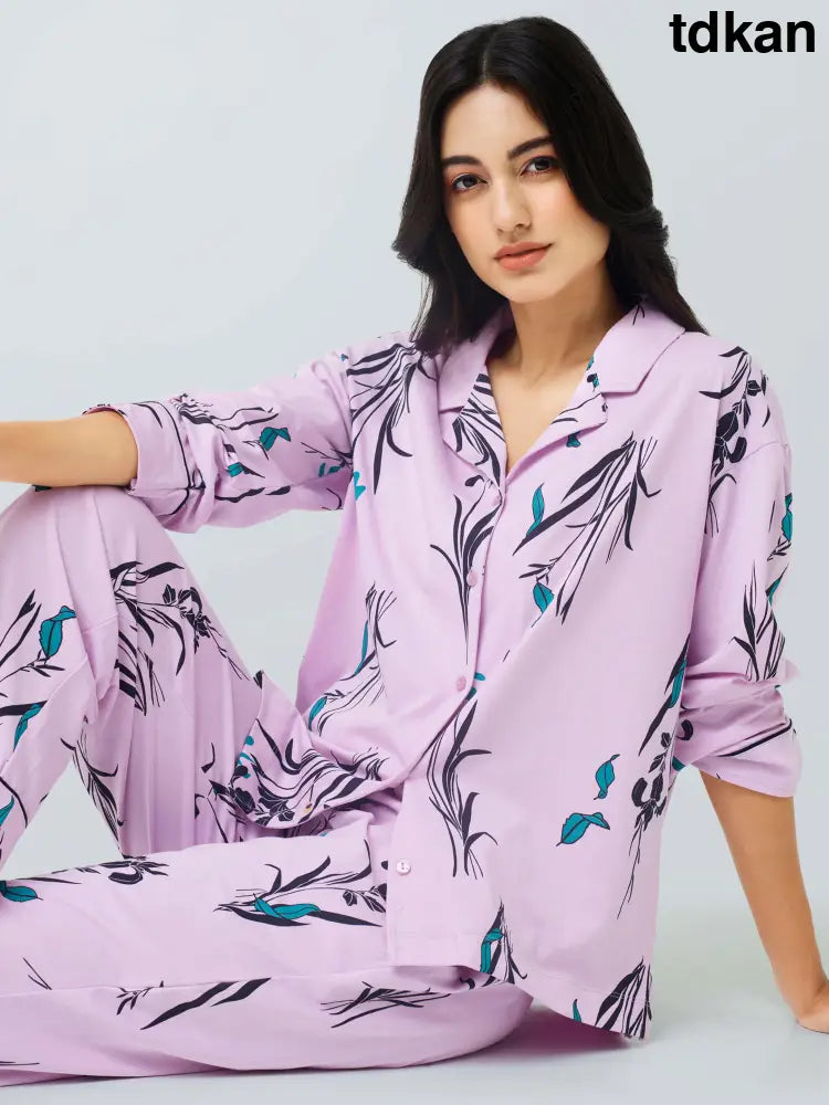 Orchids Cotton Knits Collared PJ Set - Collar Pajama