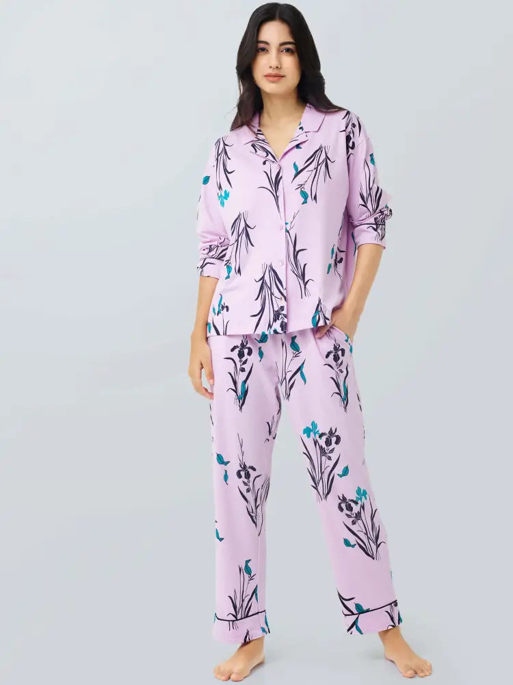 Orchids Cotton Knits Collared PJ Set - Collar Pajama