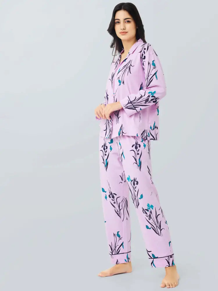 Orchids Cotton Knits Collared PJ Set - Collar Pajama