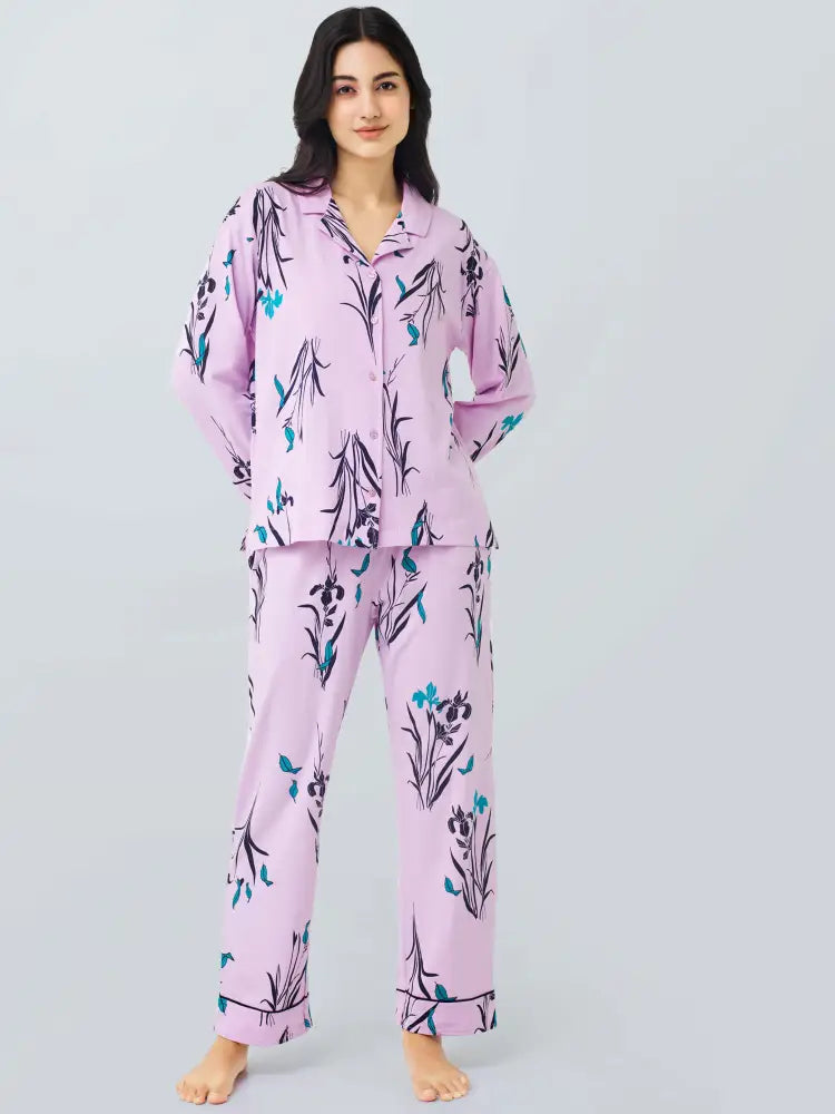 Orchids Cotton Knits Collared PJ Set - Collar Pajama