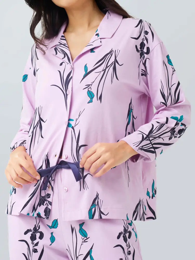Orchids Cotton Knits Collared PJ Set - Collar Pajama