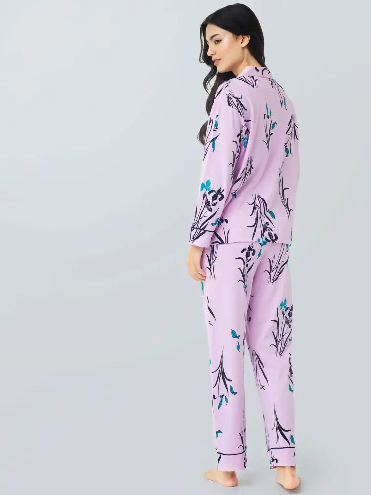 Orchids Cotton Knits Collared PJ Set - Collar Pajama