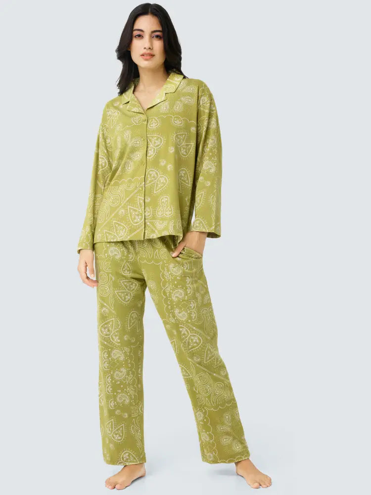Paisley Cotton Knits Collared PJ Set - Collar Pajama