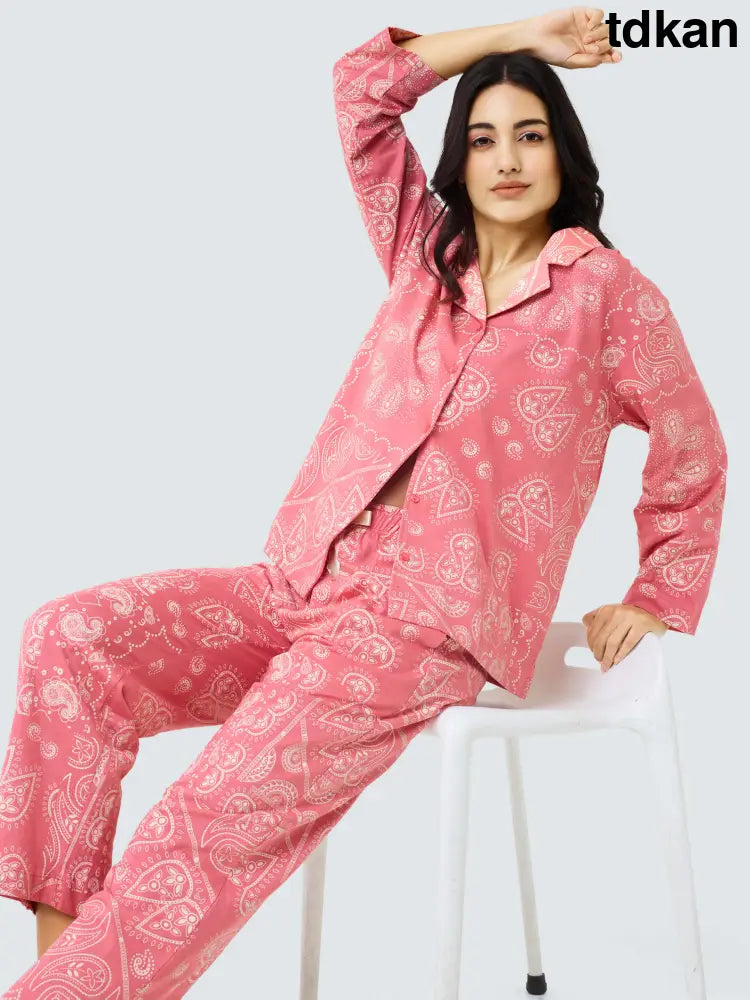 Paisley Cotton Knits Collared PJ Set - Collar Pajama
