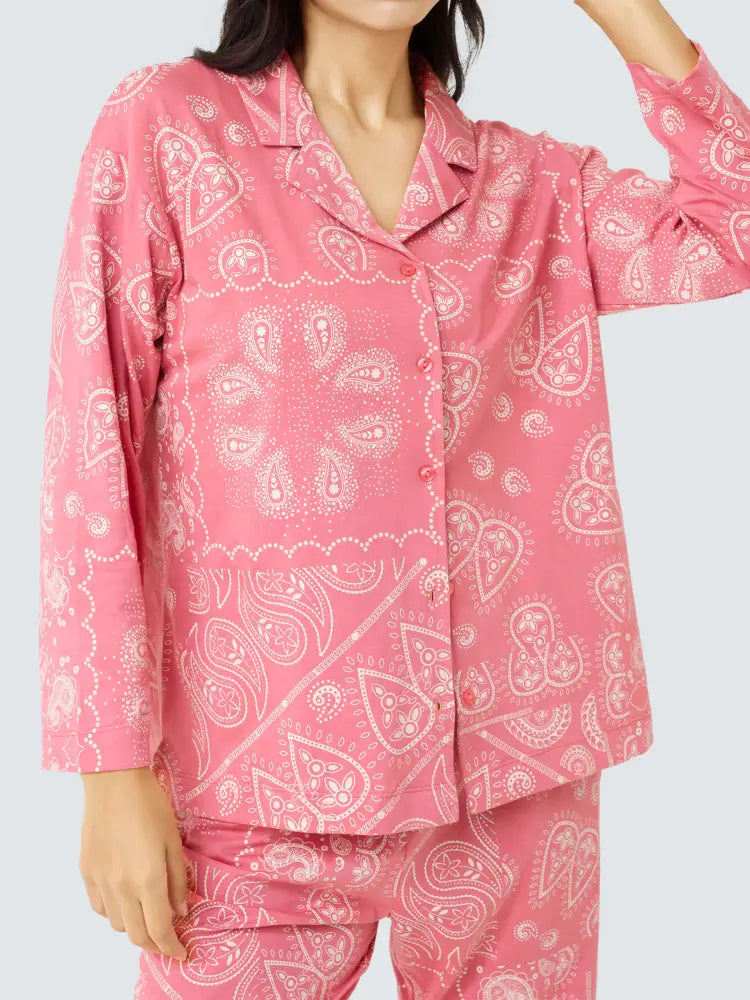 Paisley Cotton Knits Collared PJ Set - Collar Pajama