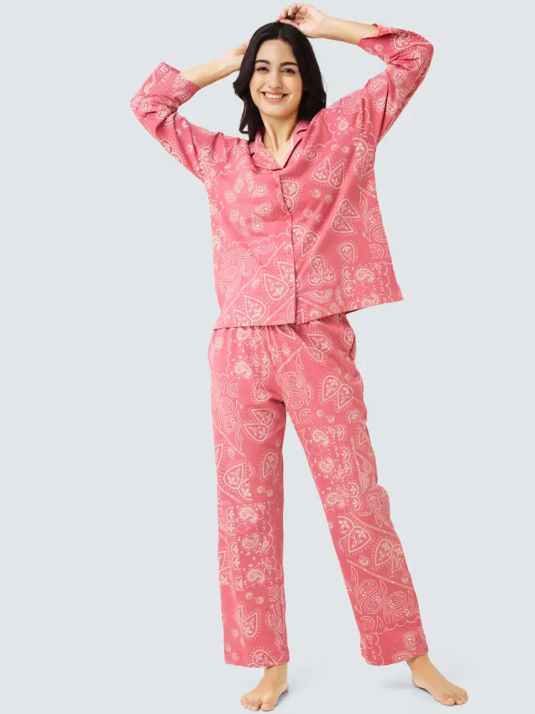 Paisley Cotton Knits Collared PJ Set - Collar Pajama