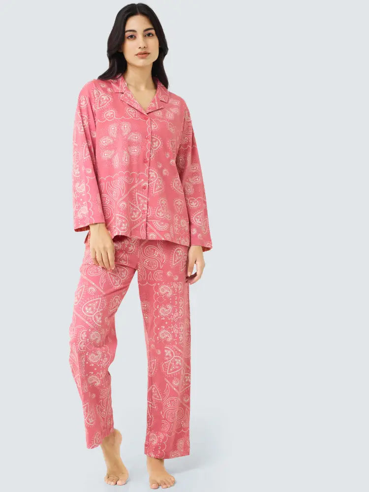 Paisley Cotton Knits Collared PJ Set - Collar Pajama