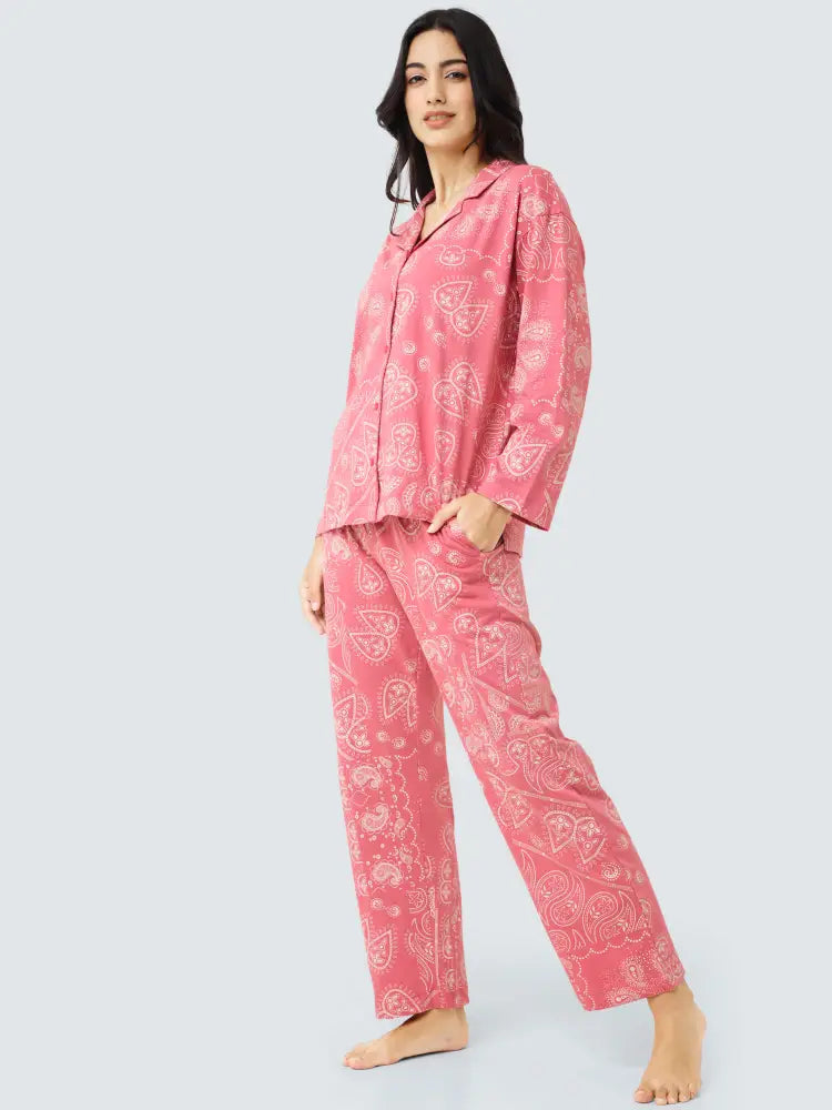 Paisley Cotton Knits Collared PJ Set - Collar Pajama