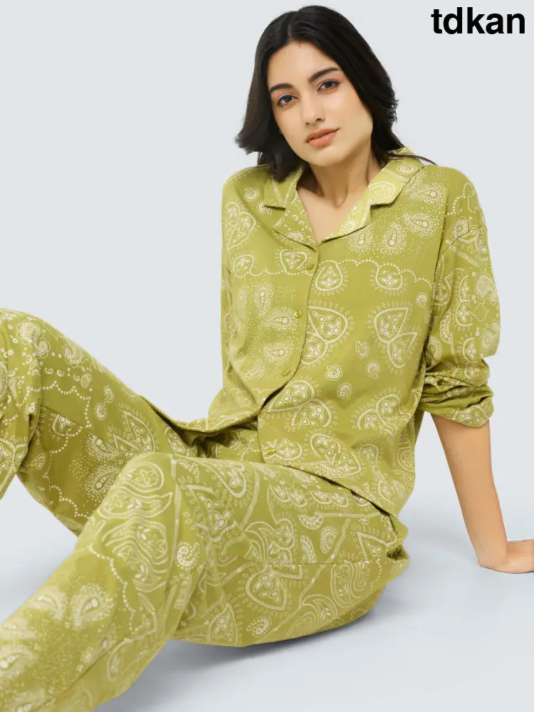 Paisley Cotton Knits Collared PJ Set - Collar Pajama