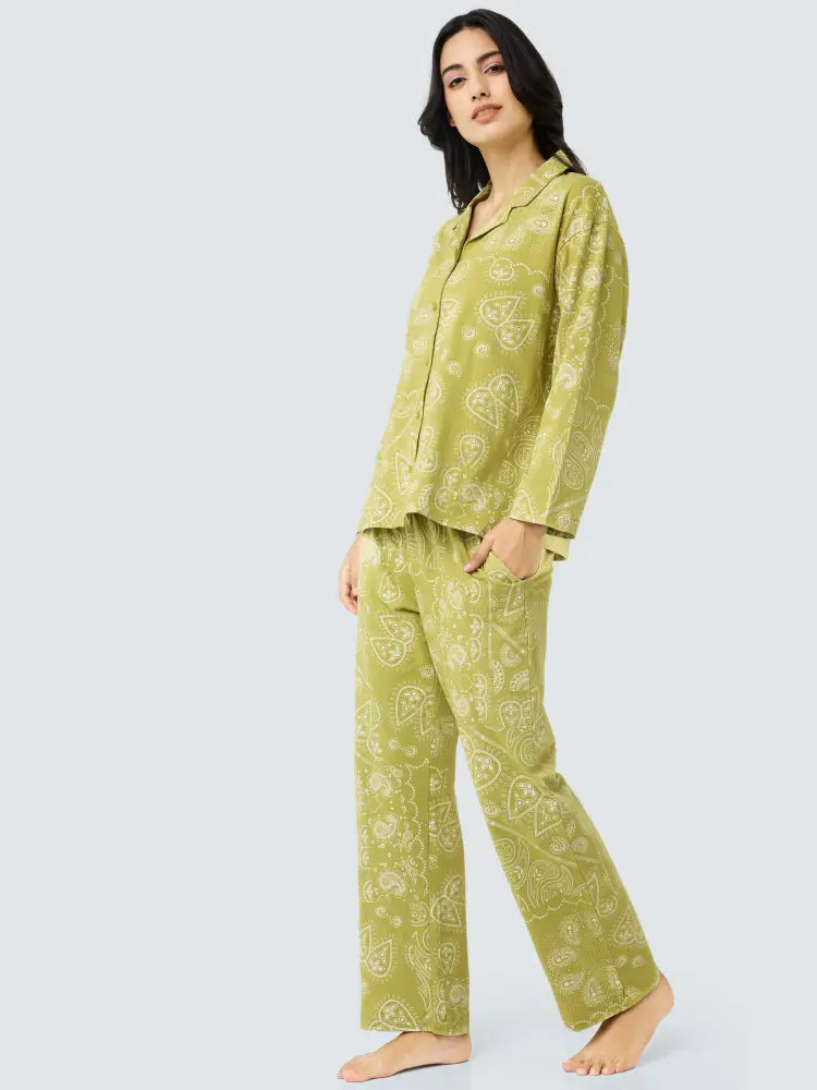 Paisley Cotton Knits Collared PJ Set - Collar Pajama